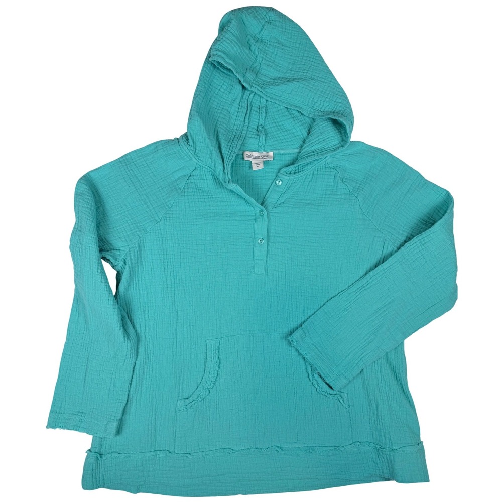 Coldwater‎ Creek Womens Petite Large Blue Double Gauze Raw-Edge Pullover Sz LP